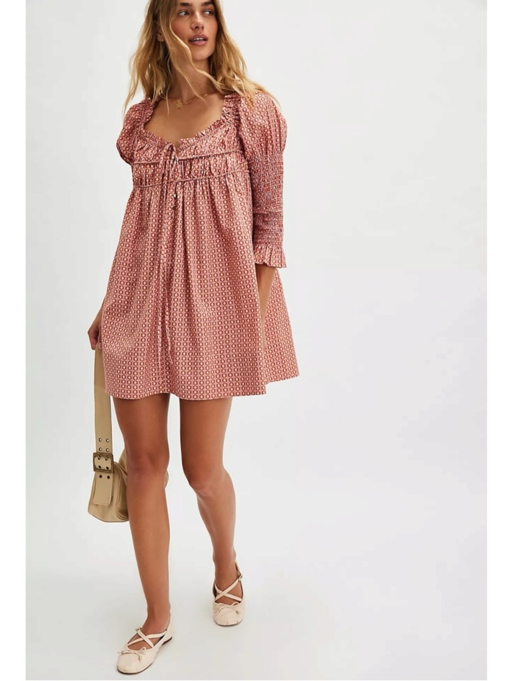 Free People Retro 70s Babydoll Star Dip Mini Dress in Red Combo Size Small - Picture 5 of 13